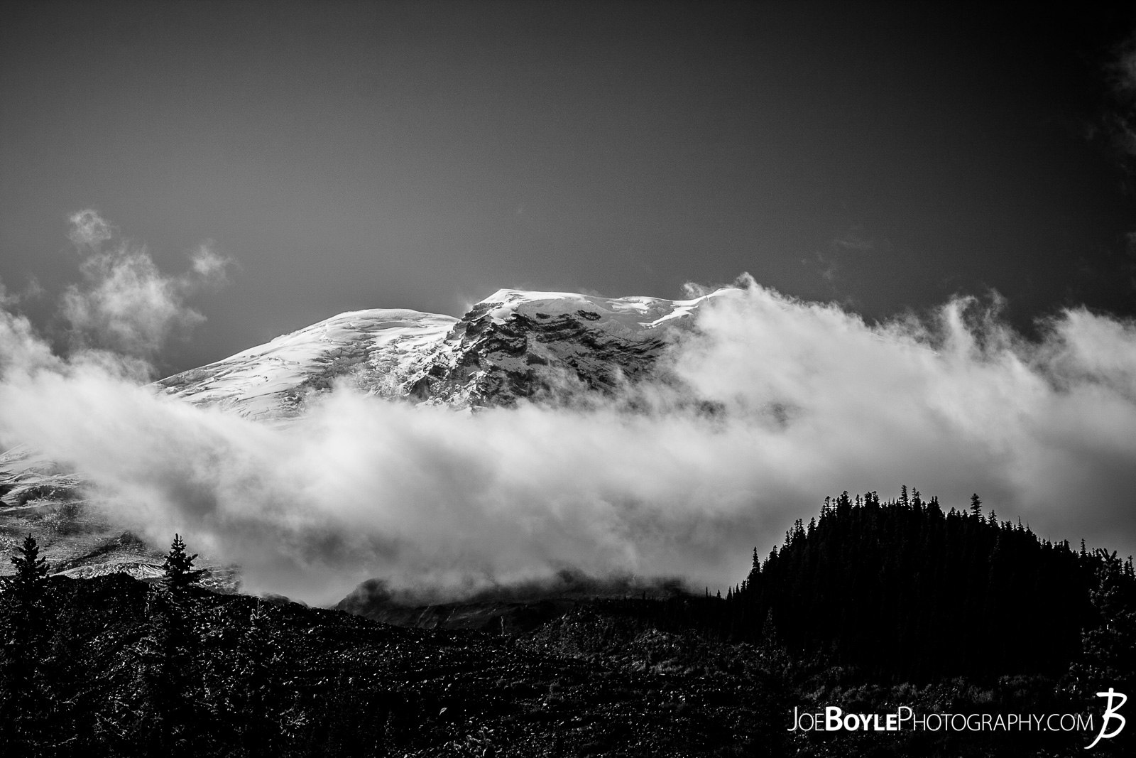  This is a black and white photo of Mount Rainier from the Wonderland Trail. The clouds were moving in beautifully to provide such a dramatic image. 