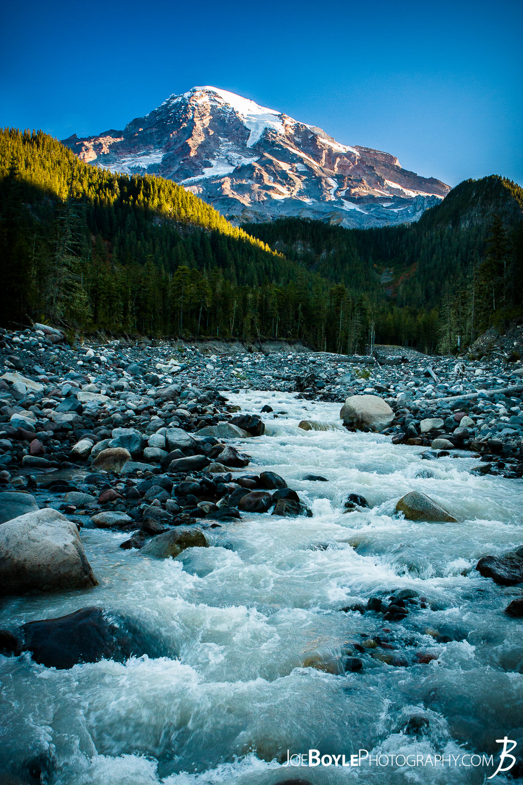  Mount Rainier Sunrise and Paradise River from the Paradise River crossing on The Wonderland Trail. We were on our way out of the Paradise River Campground and en route to the Longmire Trailhead. 