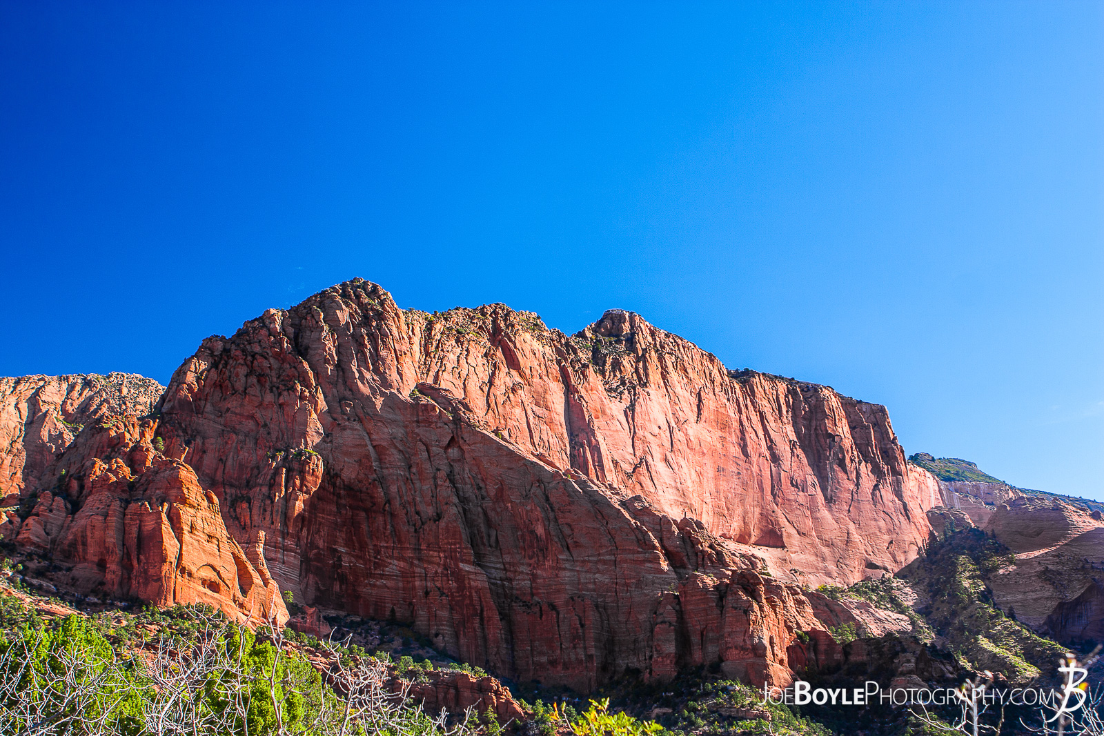  This is a photo near the start of the trailhead for the Kolob Canyon Trail in Zion National Park. The trail was a beautiful and pleasant 14 mile round trip. My hiking buddy Caleb and I hiked it together and saw the Koleb Arch near the half way point. Interestingly, I noticed the terrain changed quite a bit as we descened. It started off as I expected,... rocky. Their were large sections, however that were quite sandy. That slowed us down a little bit, but not too much. I just didn't expect it! Here are some links to more articles and and hiking info about the Koleb Canyon Trail, Koleb Arch, other hiking trails in Zion National Park and a Map of Zion National Park. 