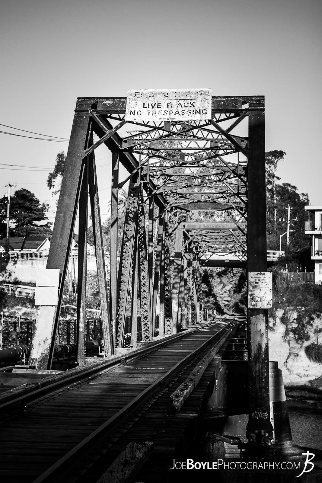  While I was visiting Santa Cruz I found this bridge! Here is a black and white photo of this unique, industrious landmark. I love the look of the iron or steel pylon supports. 