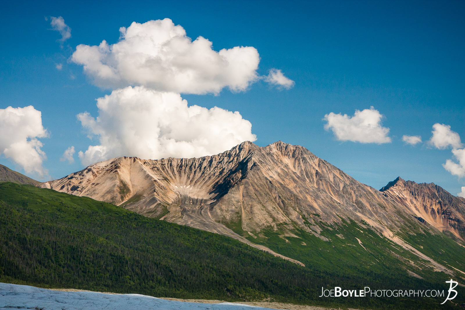  A photo of Sourdough Peak and the root glacier in Wrangell-St. Elias National Park. 