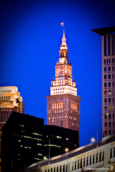 A night photo of the Terminal Tower & Veterans Memorial Bridge. A night photo of the Terminal Tower & Veterans Memorial Bridge.